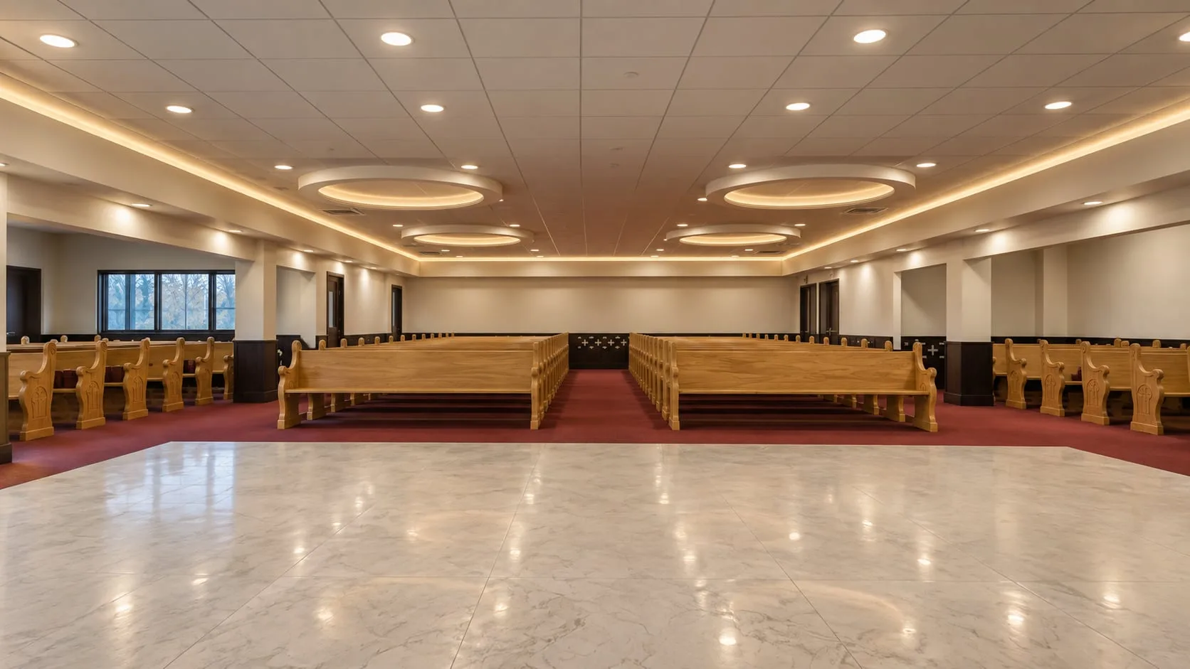 Lower-floor hall with timber pews and a red-bordered stone floor