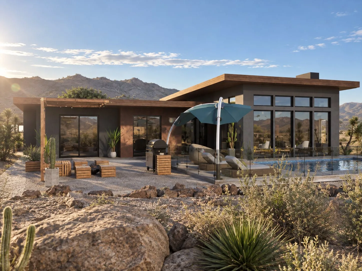 Desert house and pool at midday with the mountains behind
