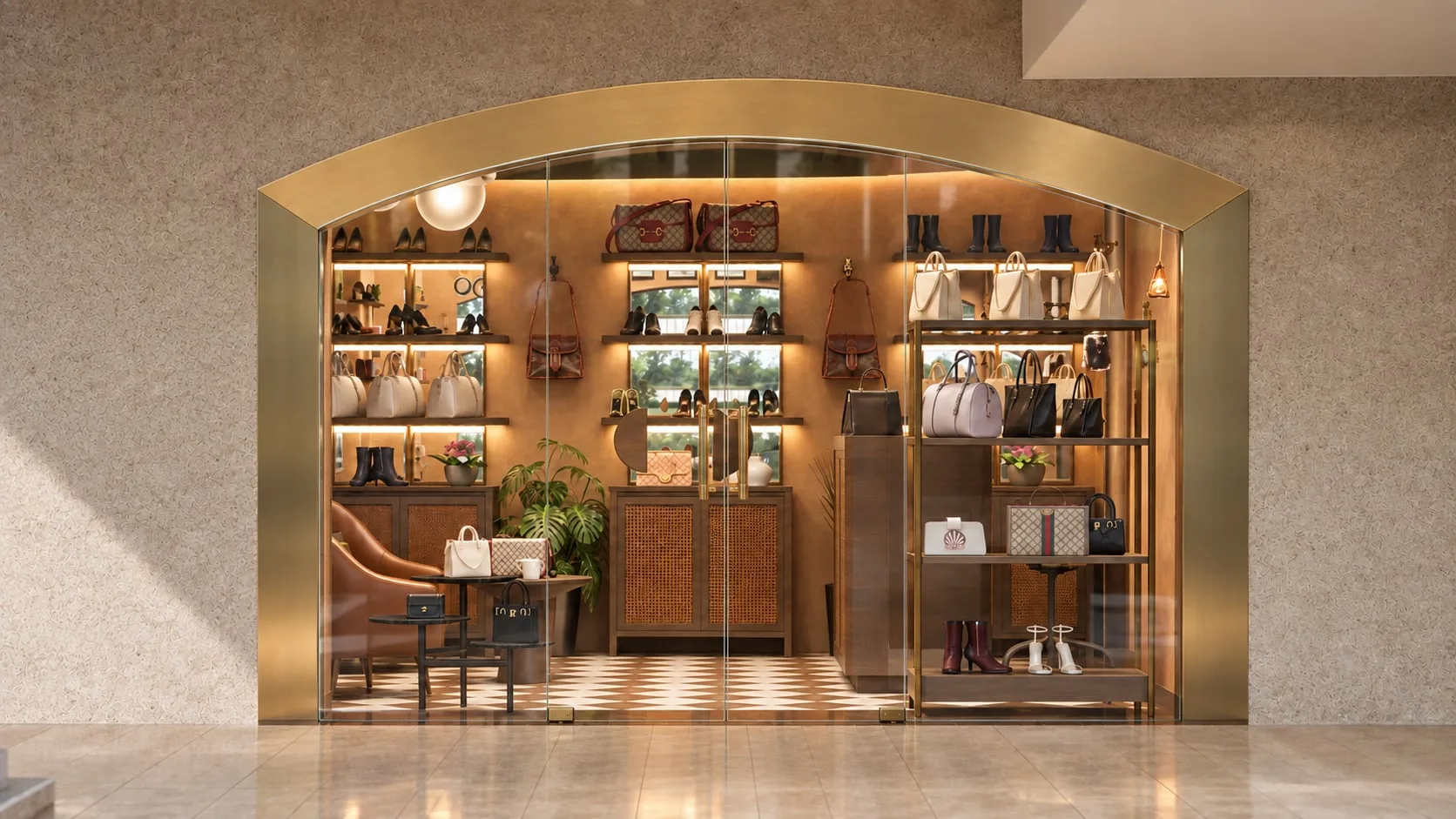Arched shopfront with backlit shelving of bags and shoes behind glass