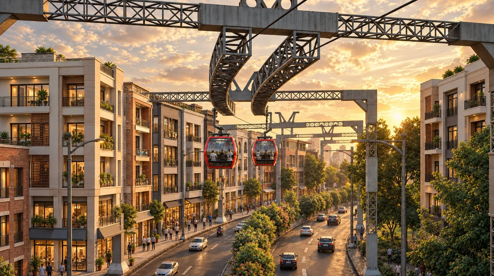 Gondolas running above a tree-lined city street at sunset