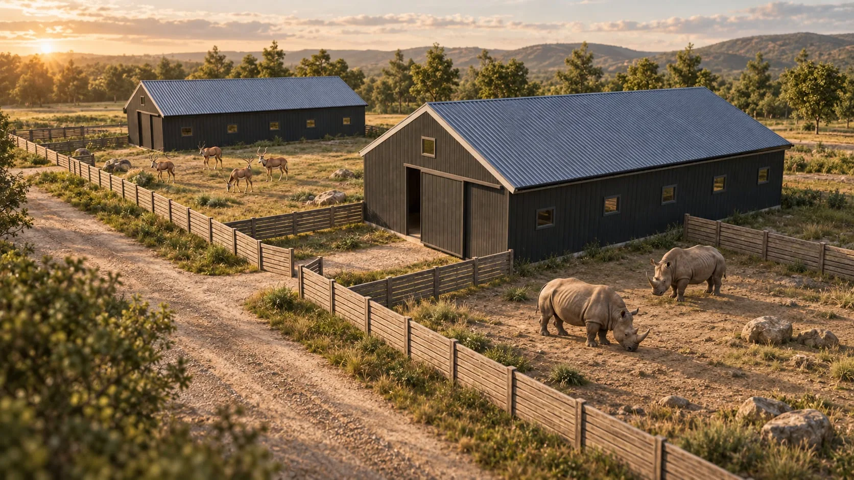 Barns and paddock at sunset with a rhinoceros in the foreground