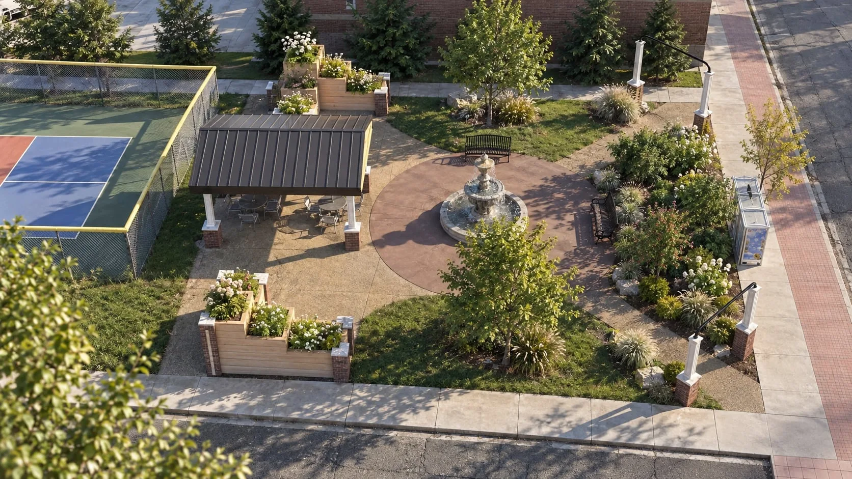 Aerial of the park with its pavilion, fountain and planted borders