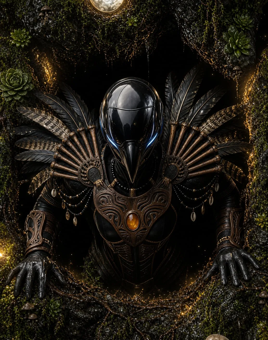 Bird-masked figure in black and gold armour, framed by moss and succulents, an amber stone at the chest