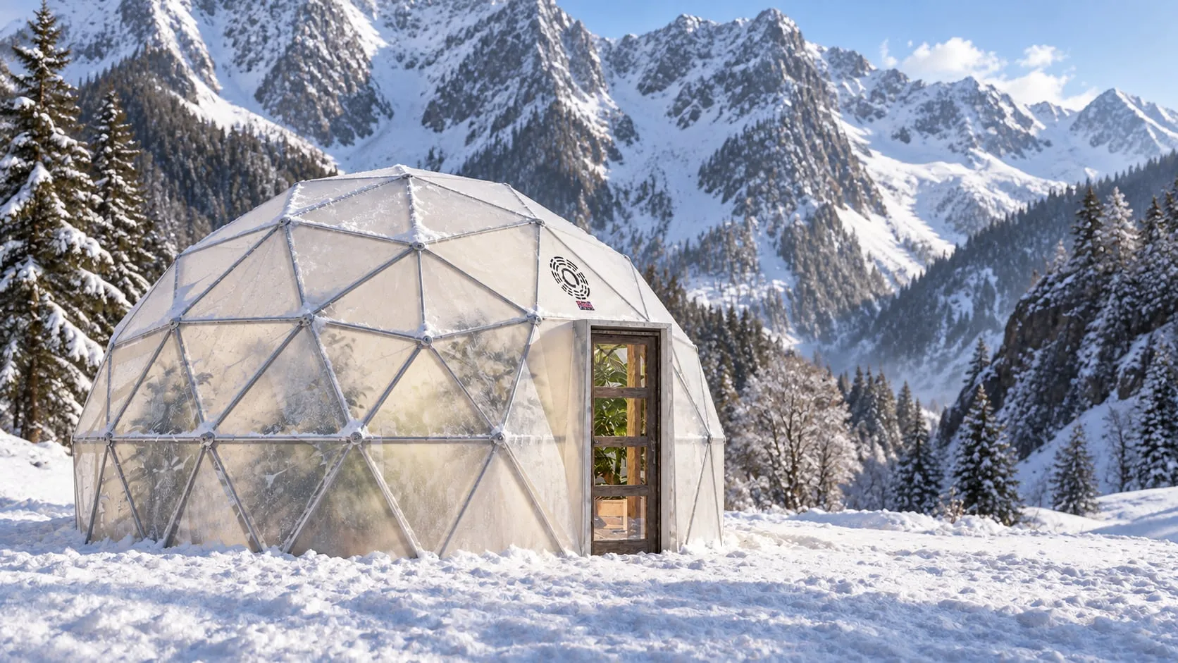 Geodesic greenhouse dome in the snow below the mountains