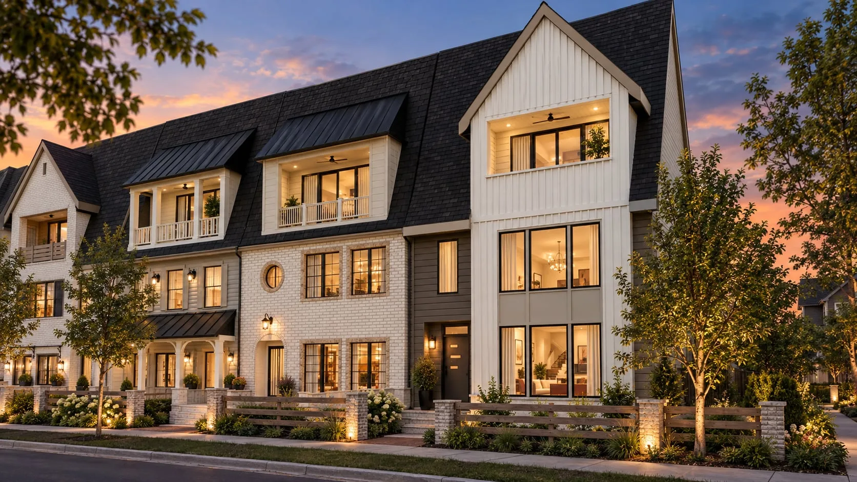 Terrace of townhouses at dusk, lit windows behind clipped hedges and a young tree