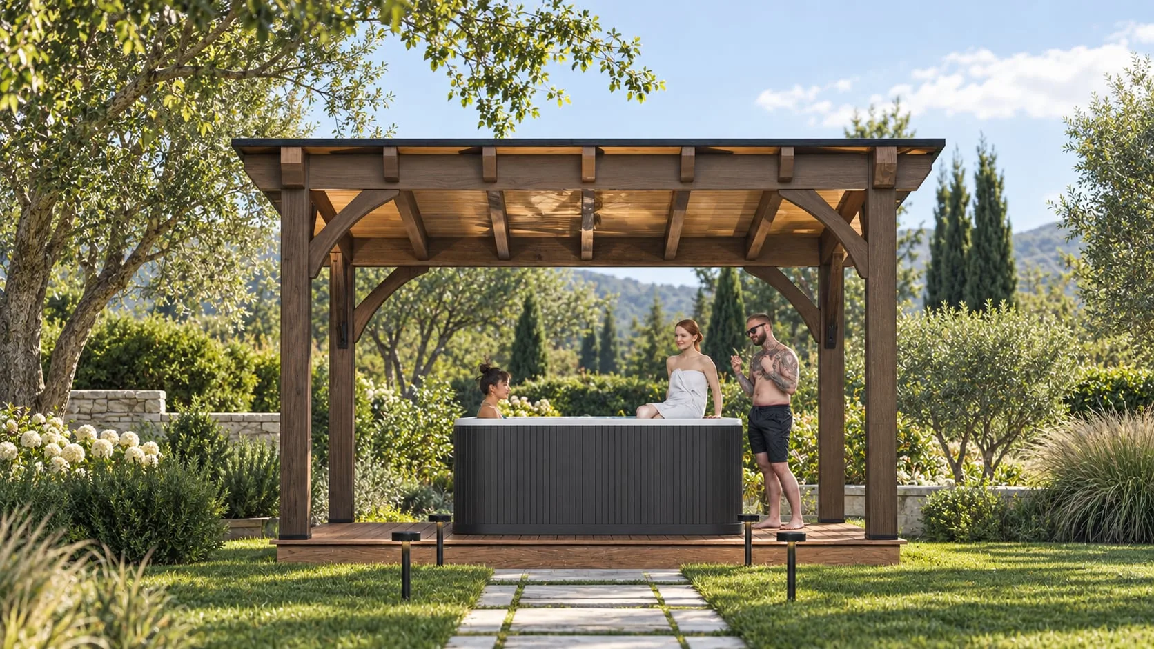 Timber pergola over a garden bar with guests