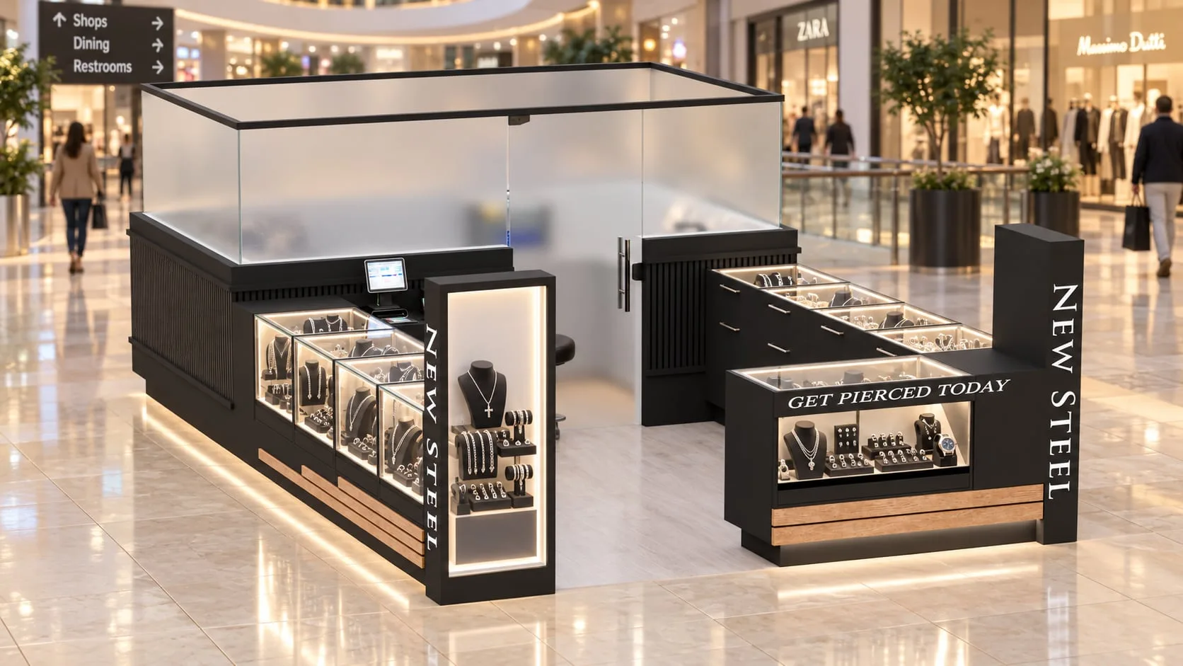 Jewellery kiosk in a mall concourse with lit display cases