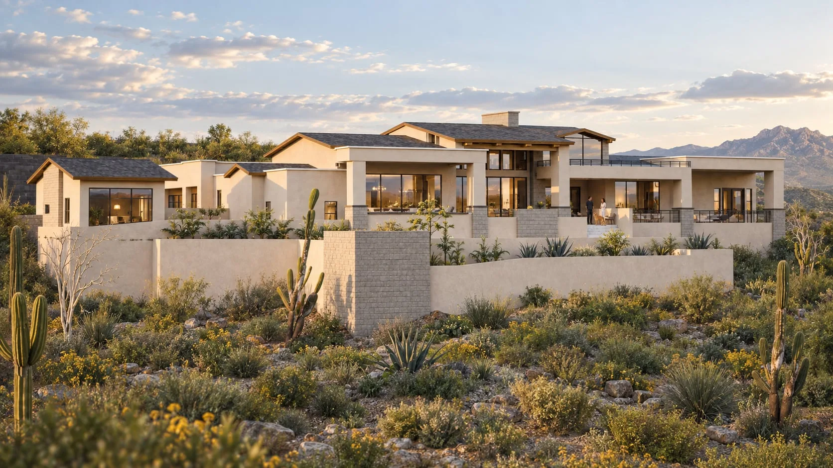 Desert house at dusk behind a low stone wall, mountains beyond