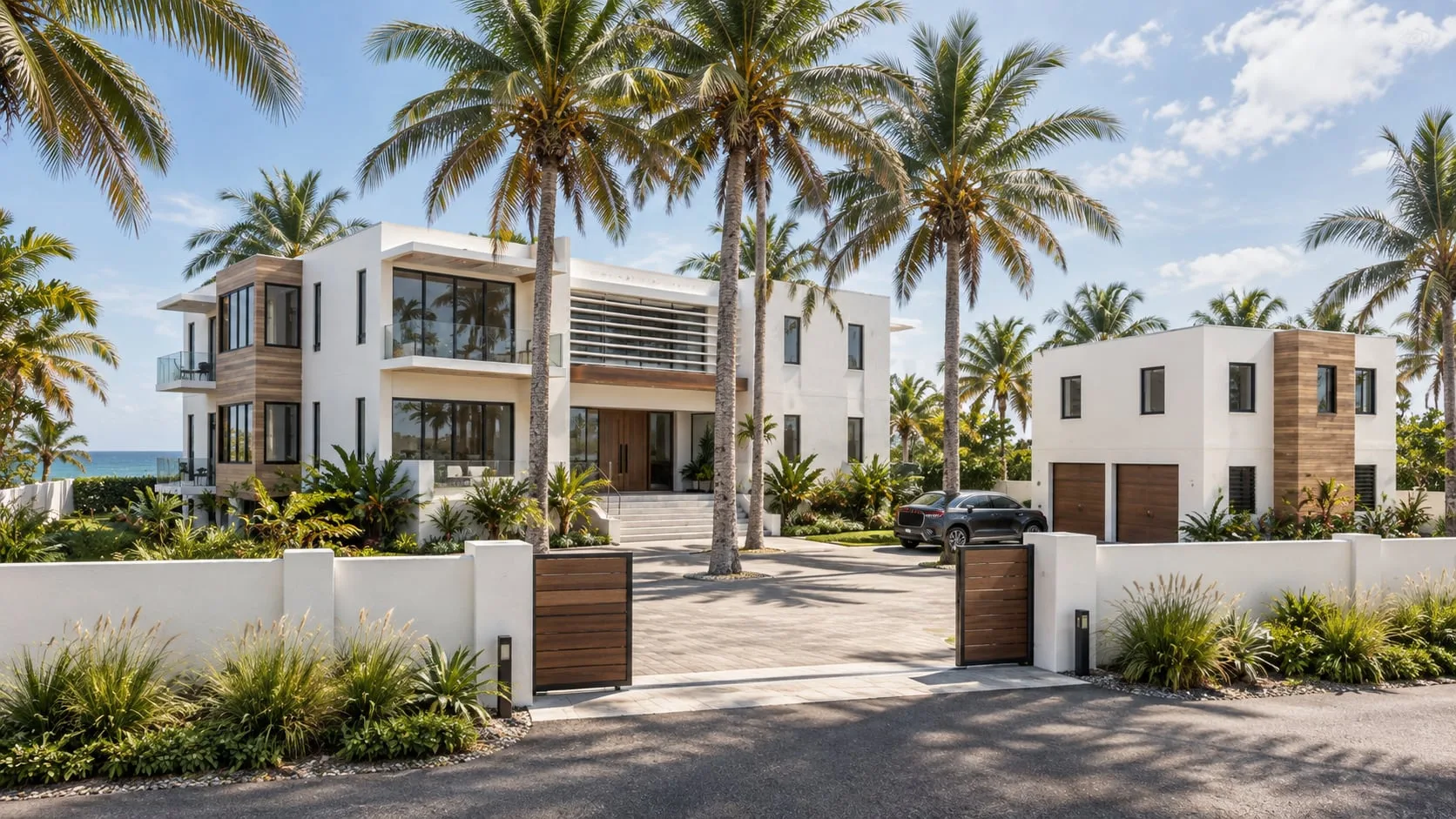 Entrance court with the garage and palm planting