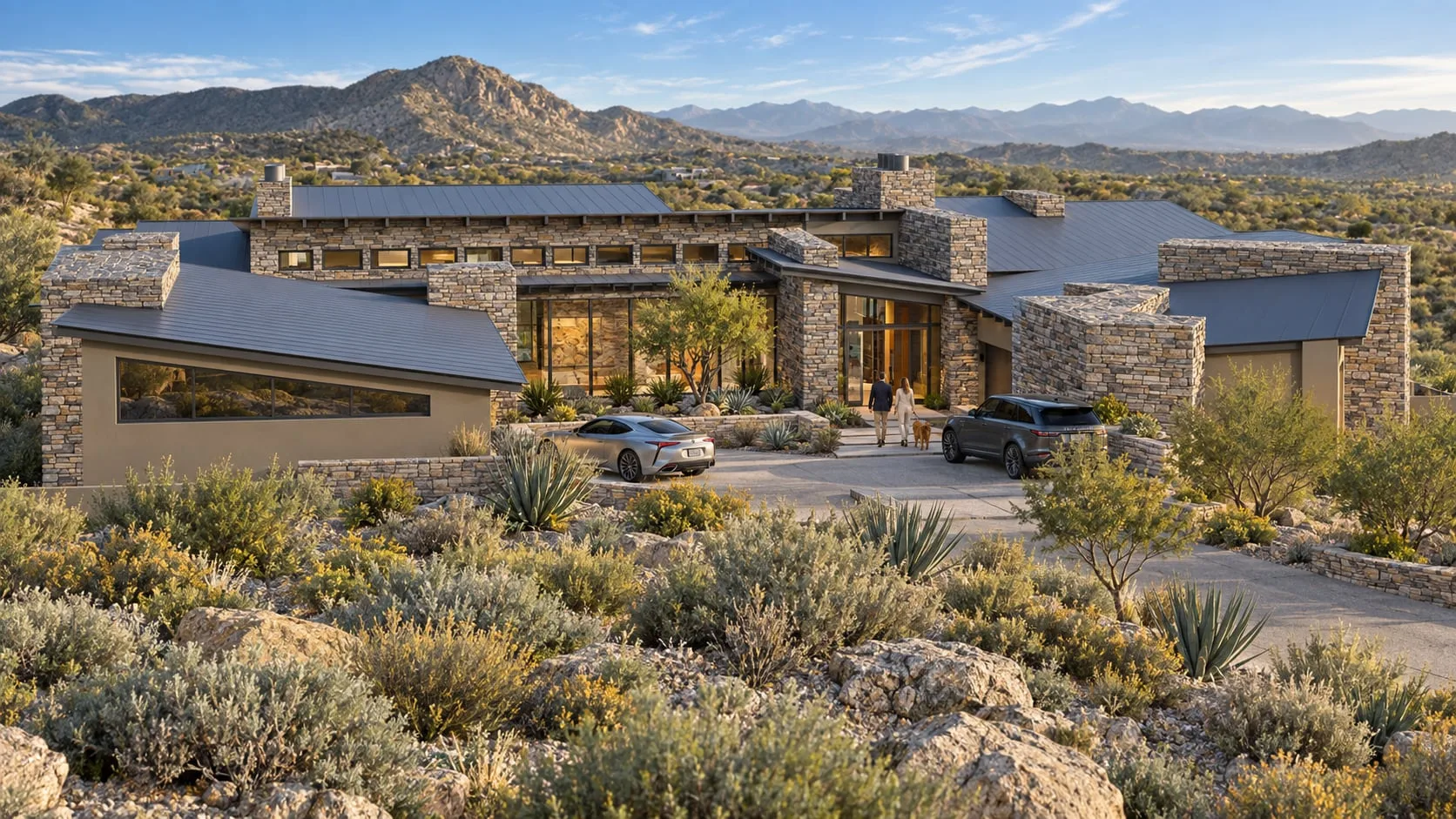 The house from the drive with the mountains behind