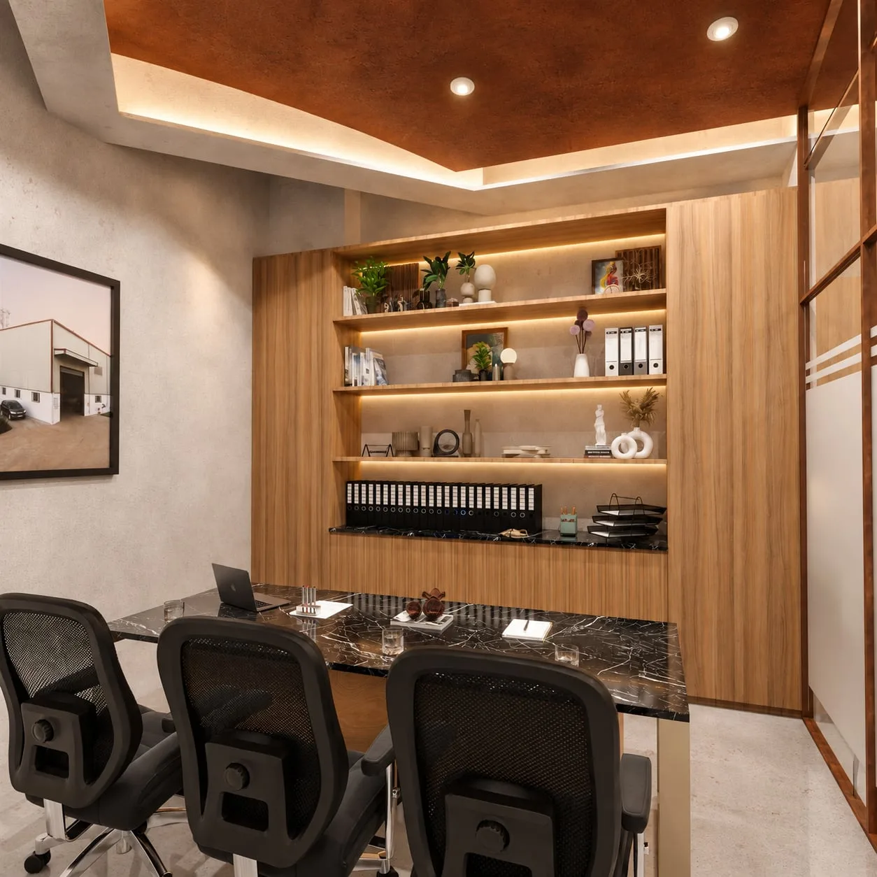 Meeting table below a fitted timber shelving wall