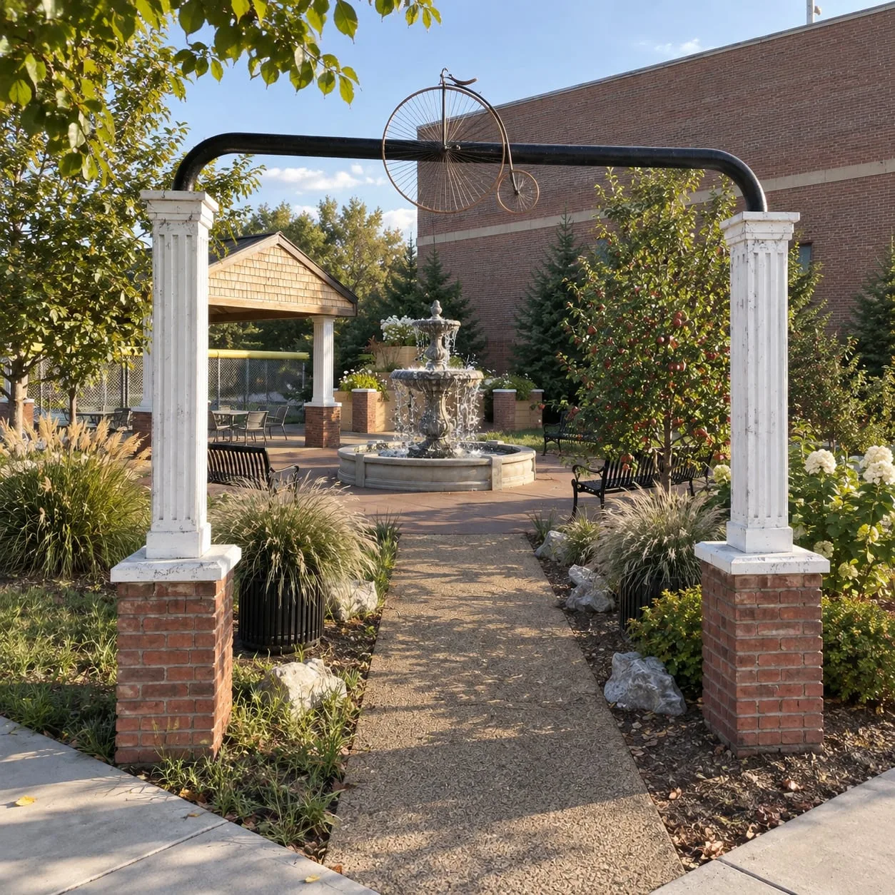 Fountain between brick columns with the pavilion beyond