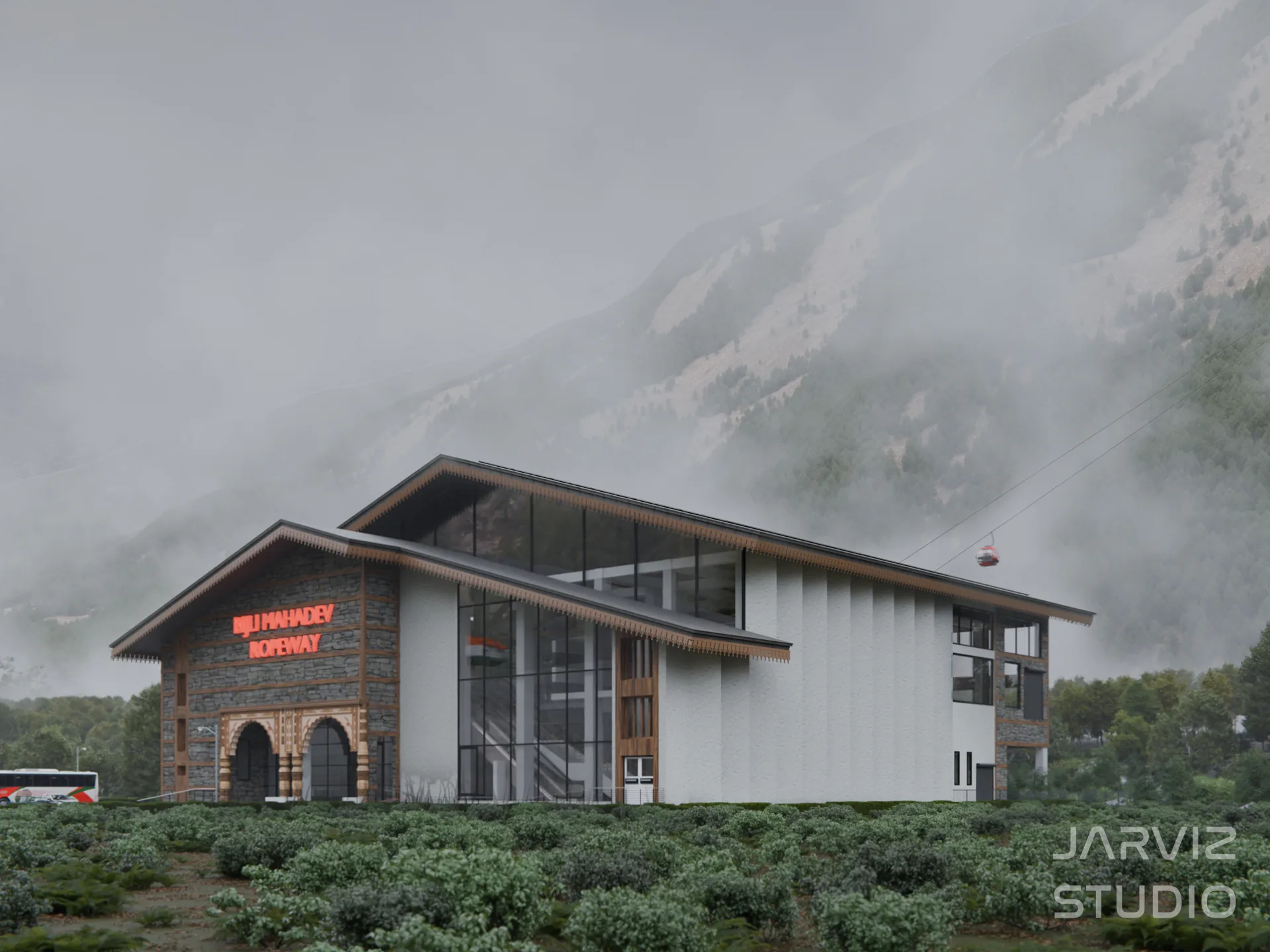 Bijli Mahadev Temple Ropeway terminal viewed across landscaped grounds in misty mountains