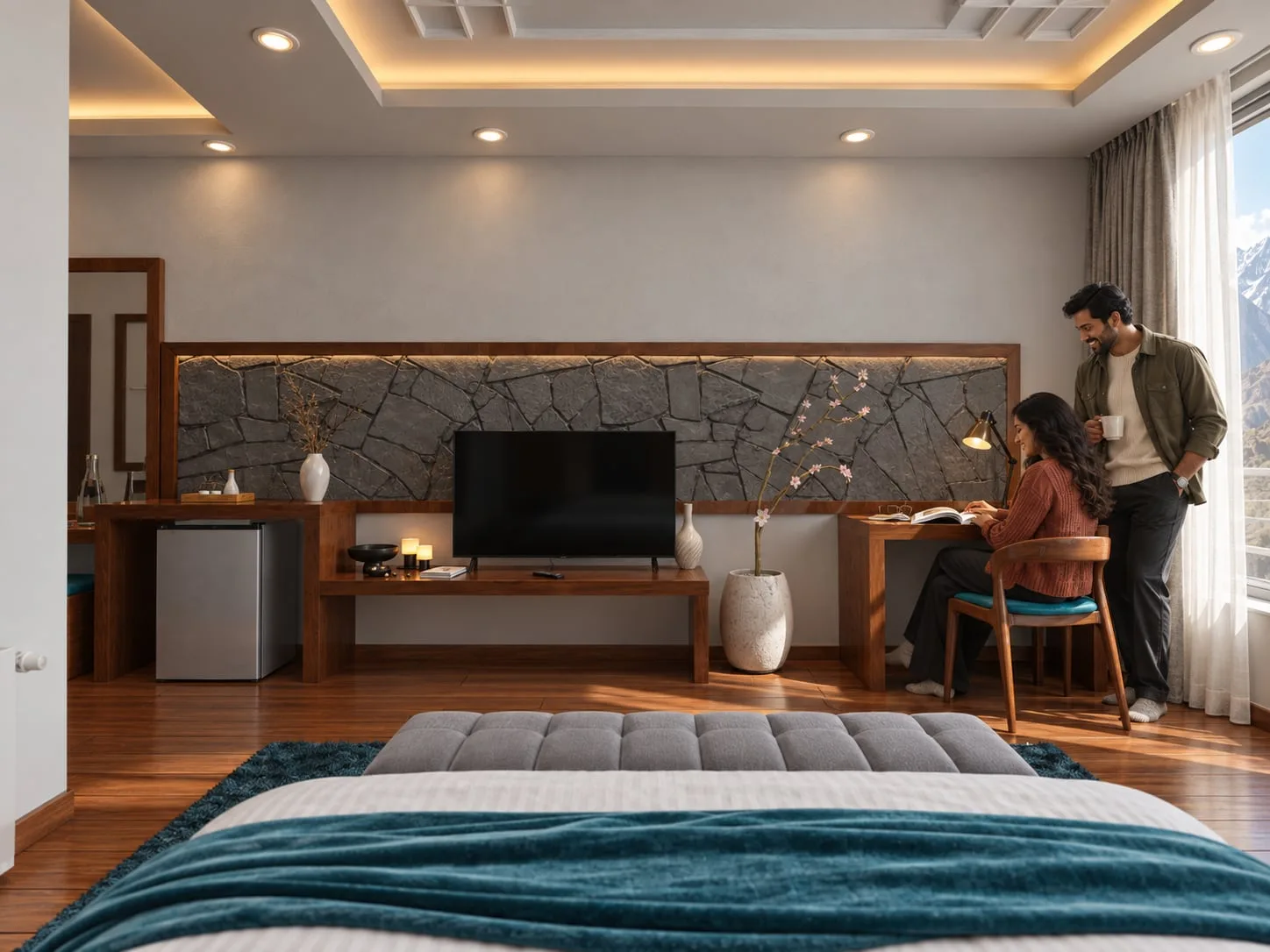 The room from the window, television on a stone feature wall above the desk