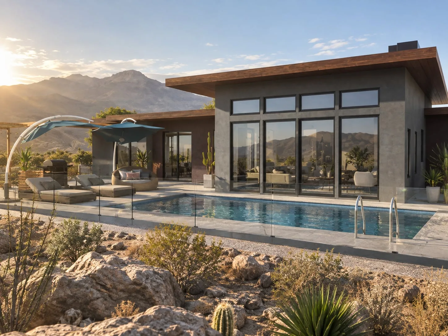 The pool terrace with a shade canopy and the glazed living wing