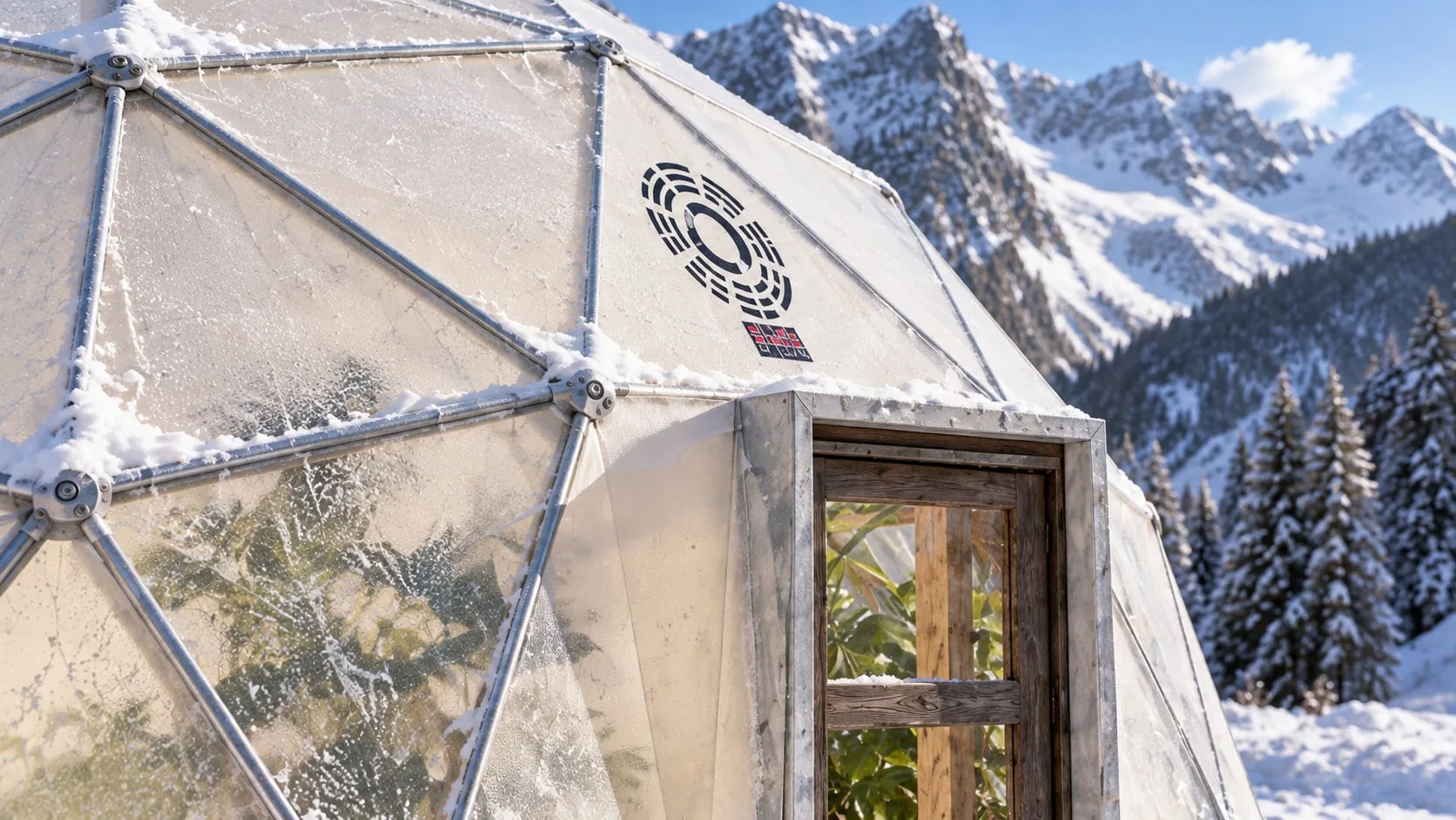 The dome's timber door and framed panels against the peaks