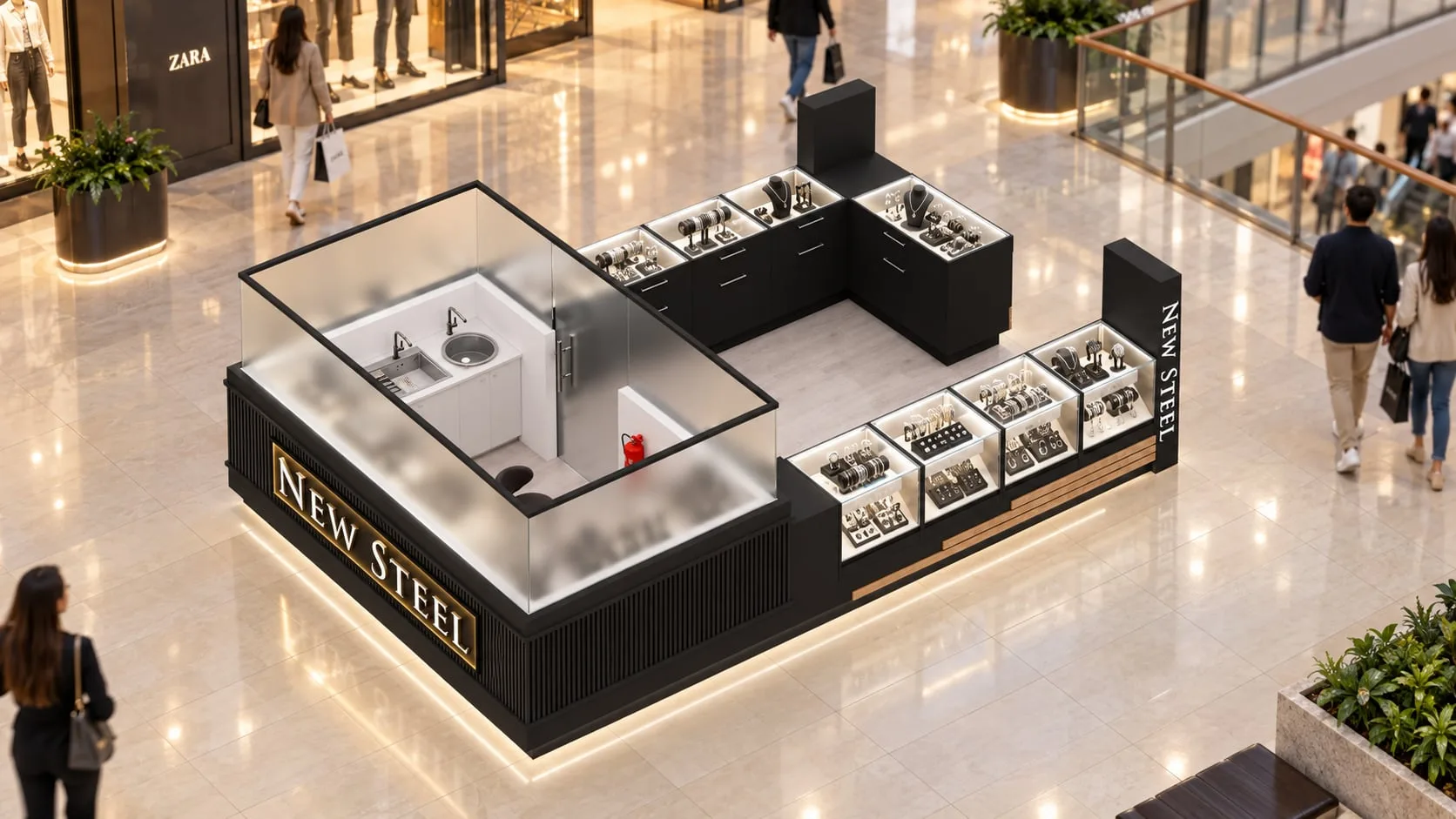 The kiosk from above, showing the counter layout and display islands