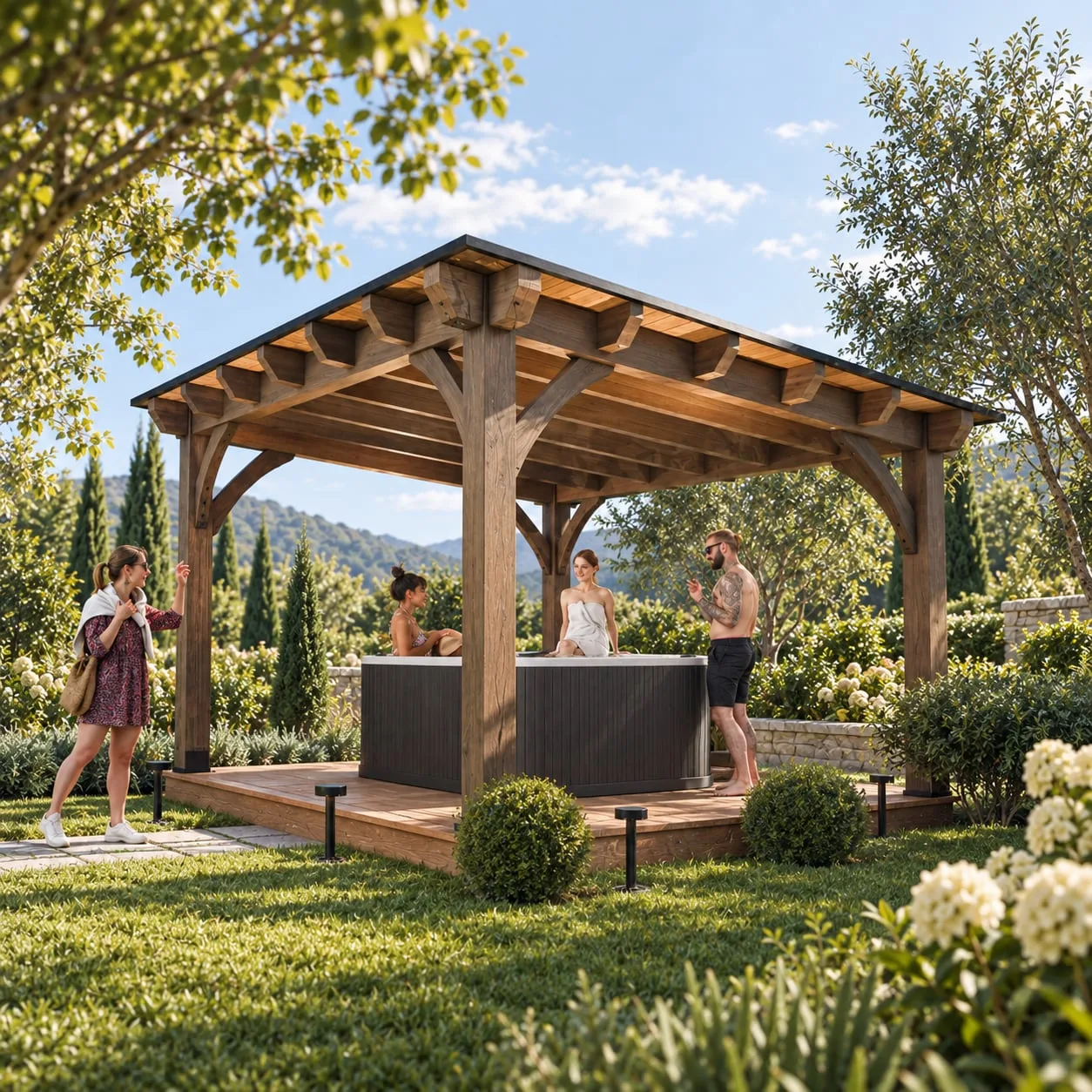 The pergola with a solid canopy and a hot tub below