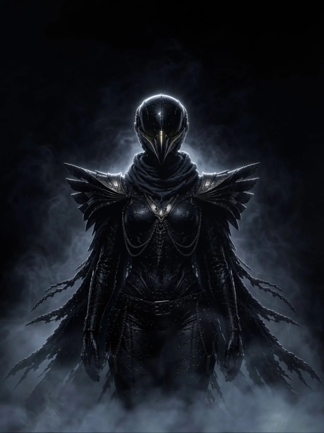 The same figure full length in mist, feathered cloak spread wide against deep blue