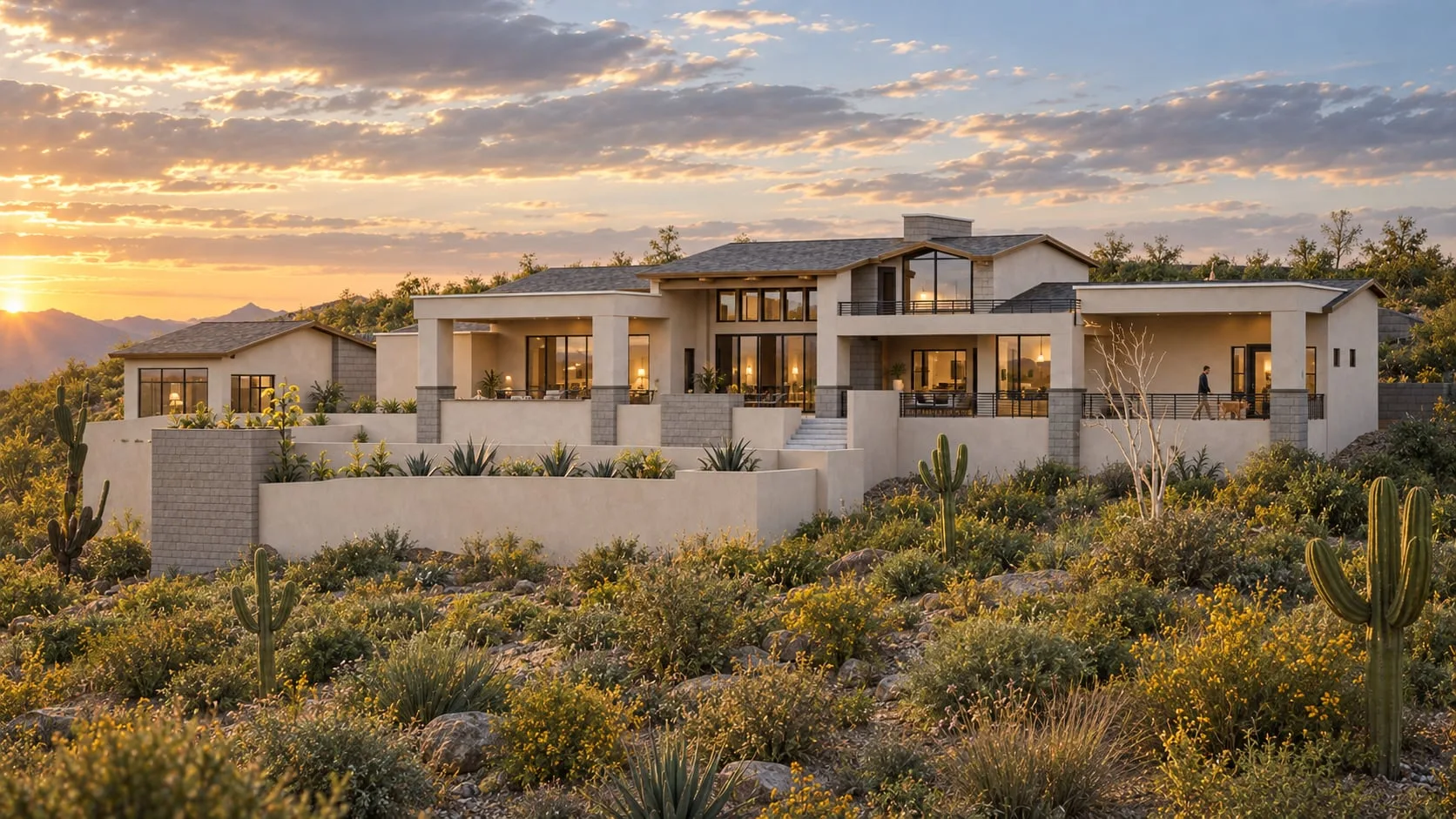 The house across the desert planting at sunset