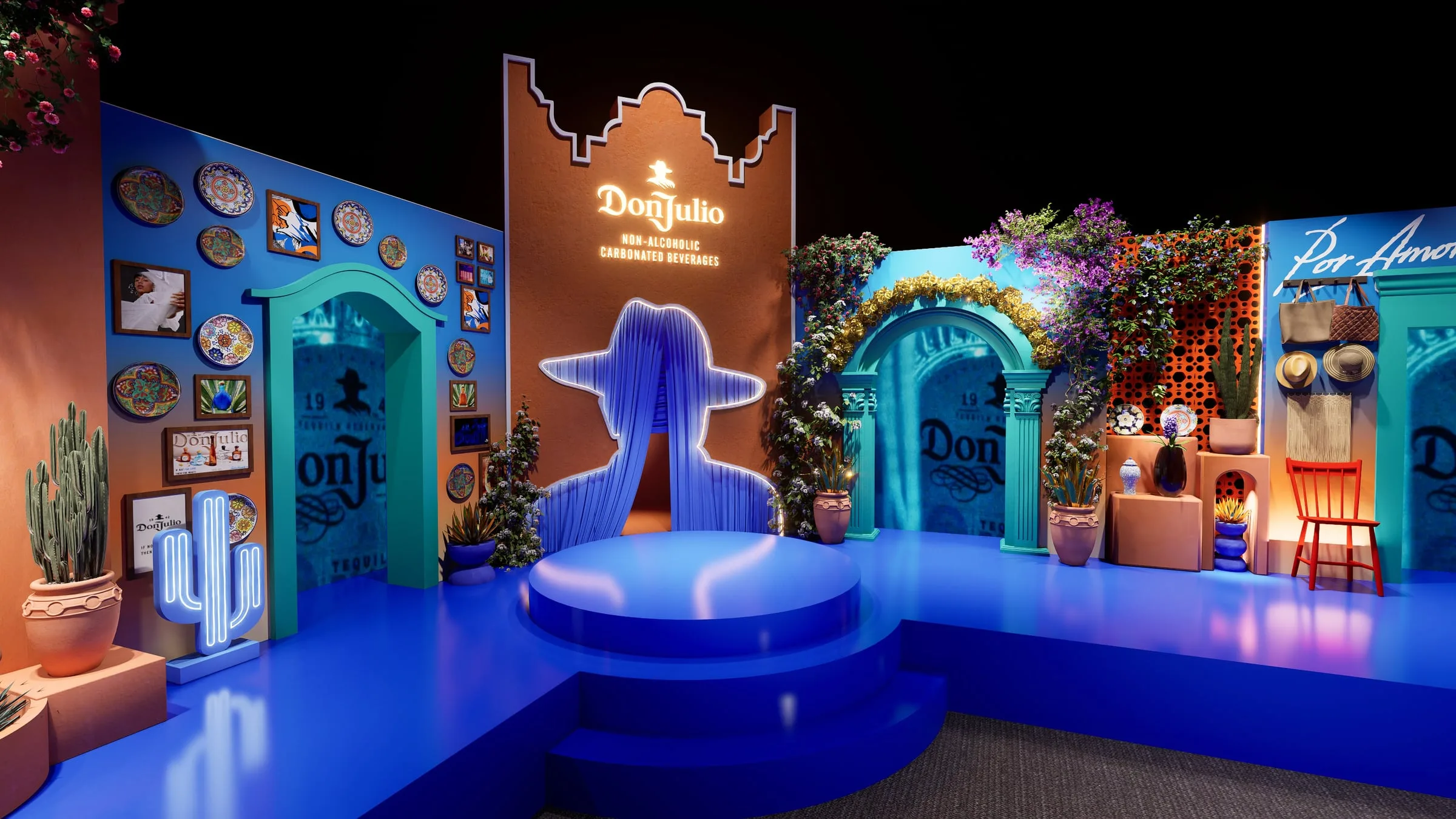 Stage set with an arched backdrop, planting and a lit central plinth