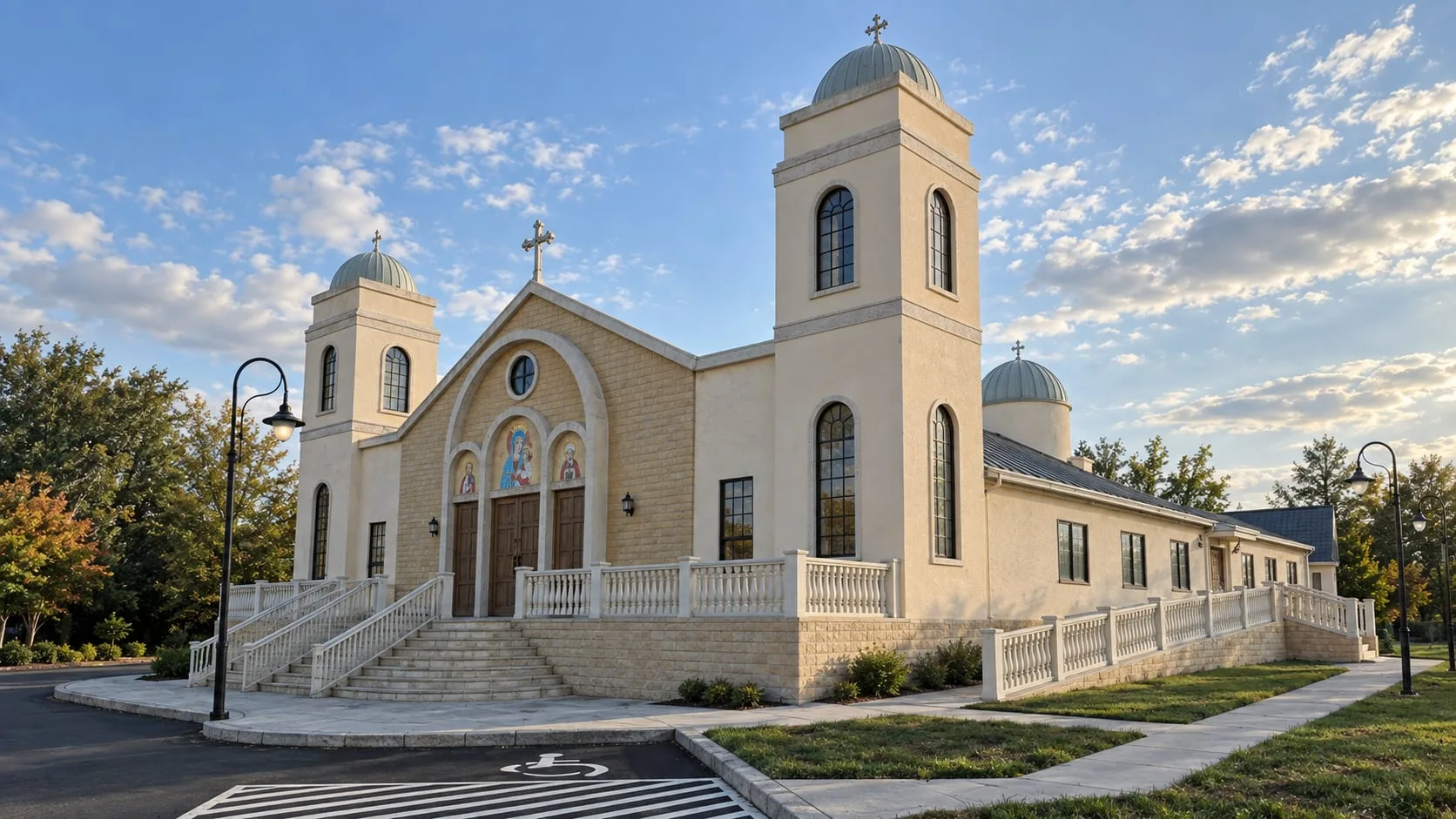 The church from the street, twin domed towers above a pedimented entrance