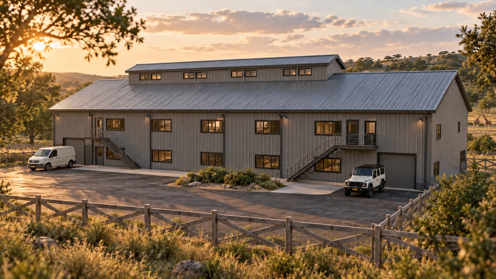Two-storey staff building with a pickup parked outside