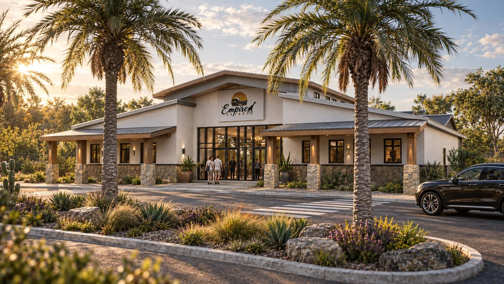 Visitor centre entrance framed by palms