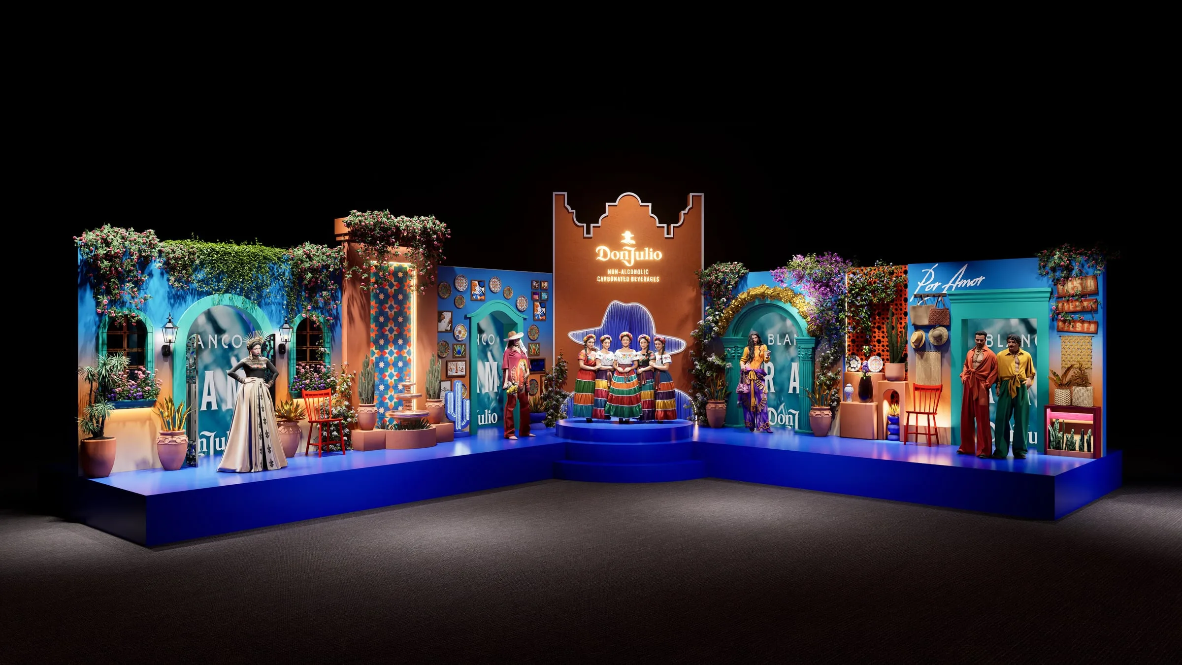The full set from the front, arches and alcoves in blue and terracotta