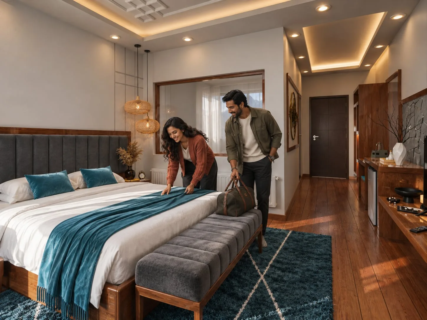 Bedroom with a turquoise throw and a bench at the foot of the bed