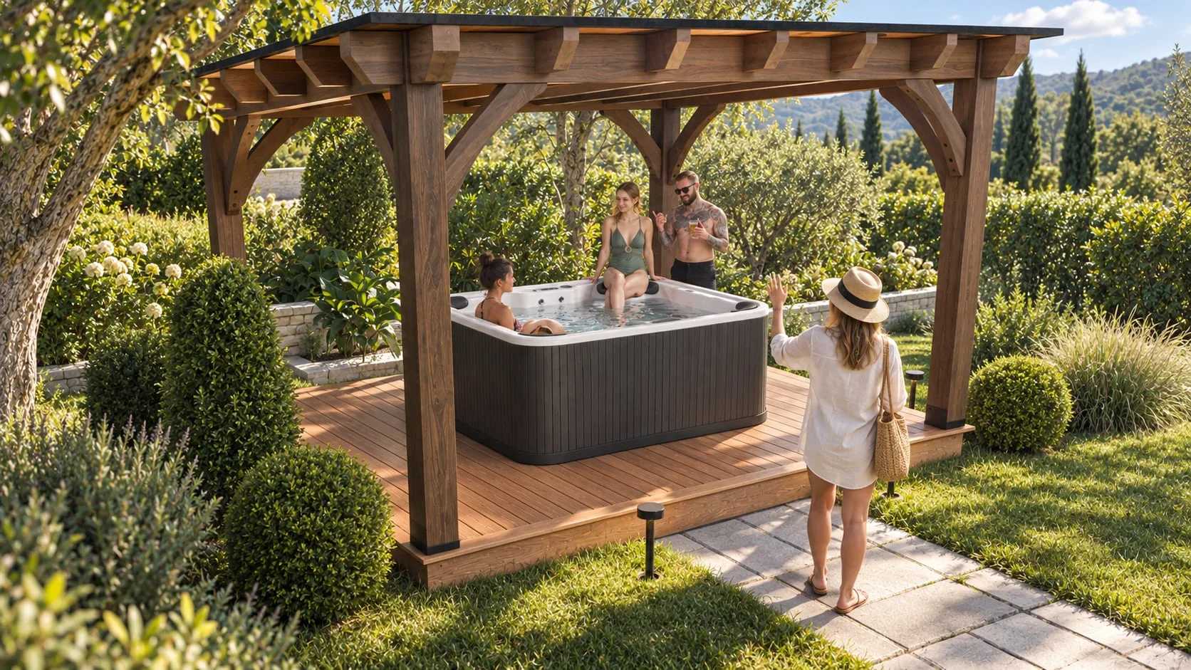 Guests in the hot tub under the pergola