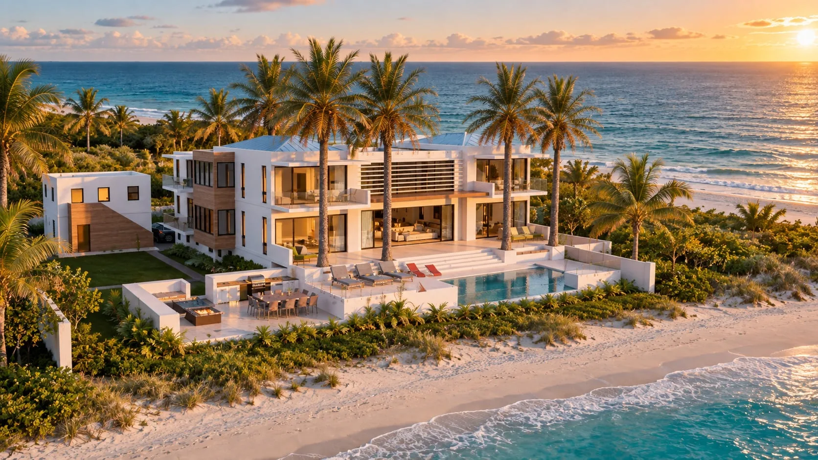 Aerial of the villa and pool against the sea at sunset
