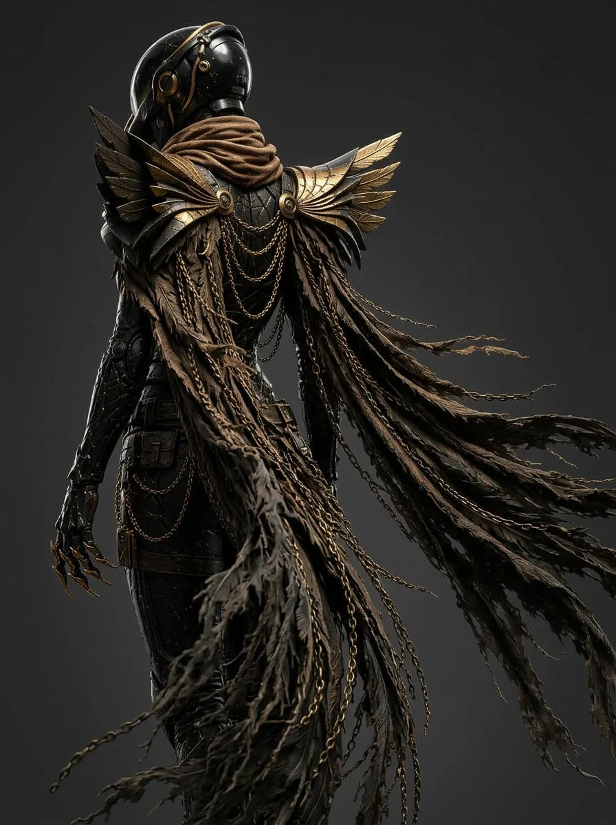 Back view of the character in a long fibrous cloak against a plain backdrop