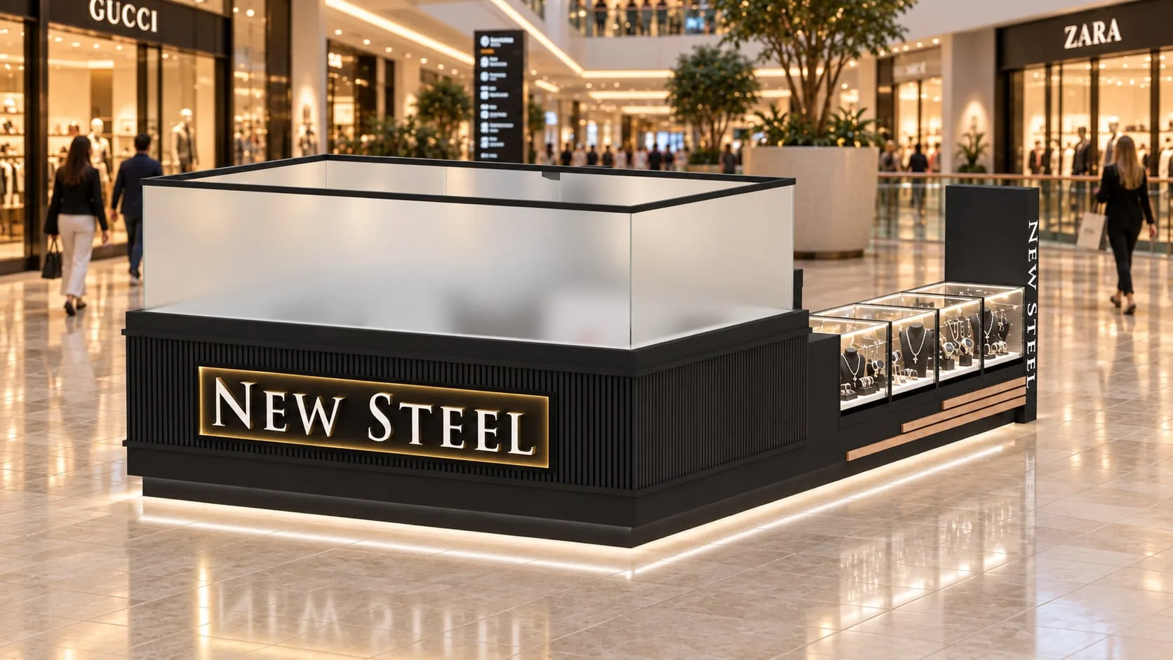 Kiosk frontage with the brand sign lit against dark panelling