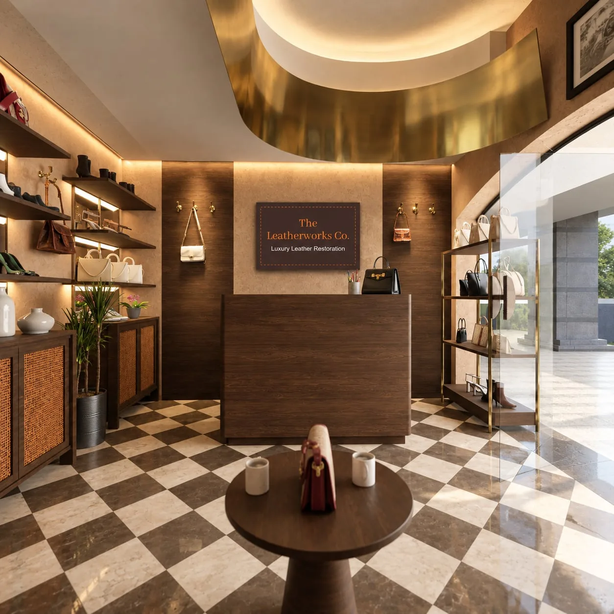 Interior with a chequerboard floor, timber counter and brass-lit display walls