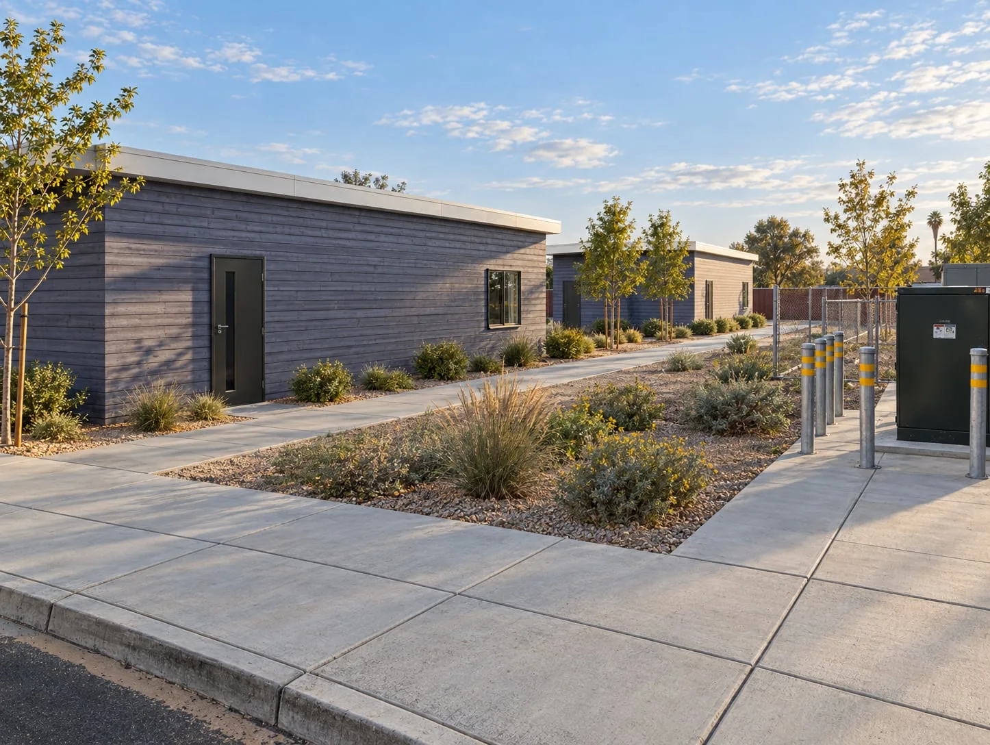 Path between the units with young trees and desert planting