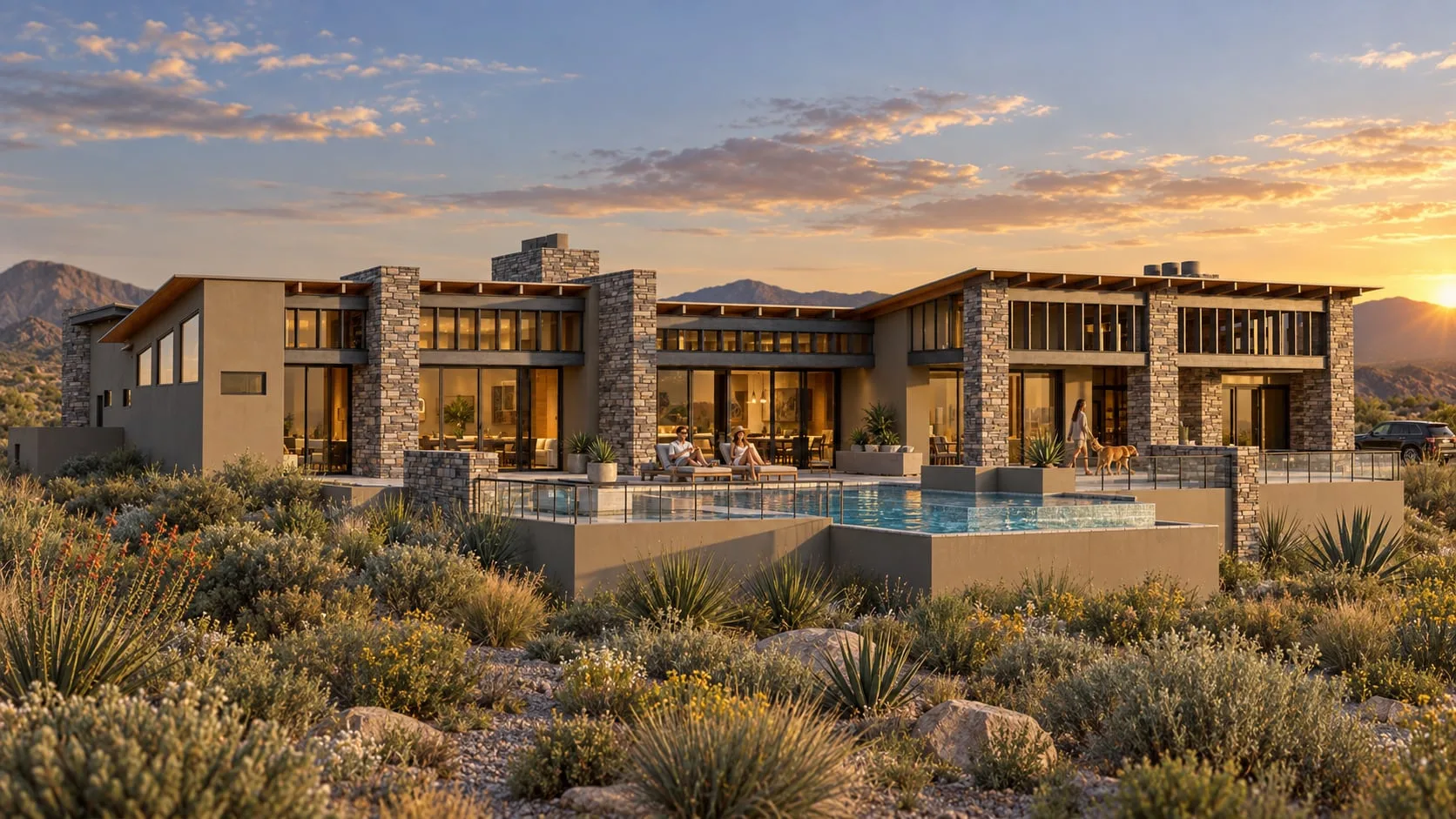 Rear elevation with the pool and terrace at dusk