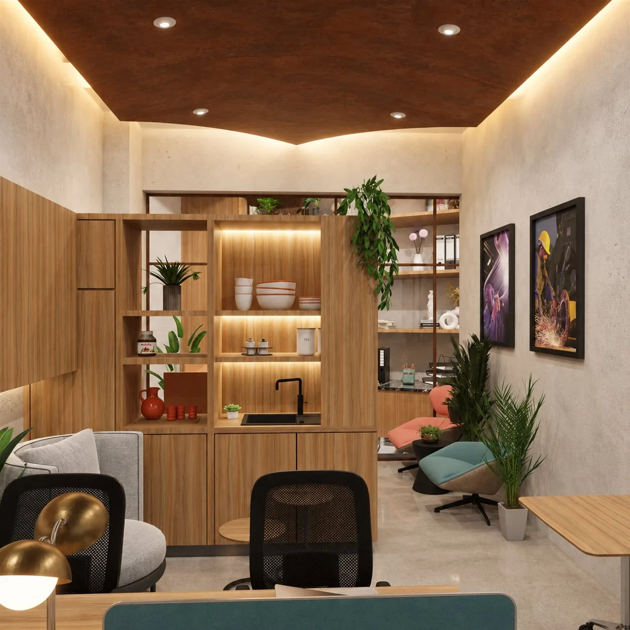 Pantry and storage wall in timber with planting and framed prints