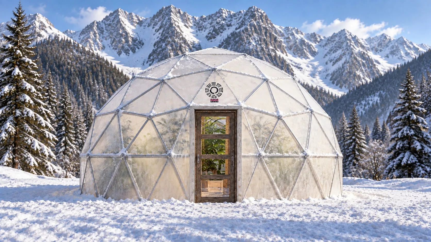 The greenhouse from the front with the valley behind