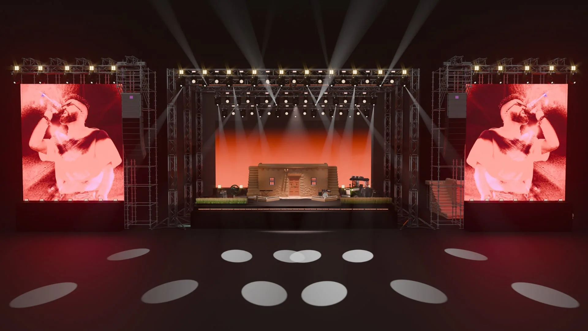 Stage design render: LED walls either side of a central set piece, lit by overhead truss beams