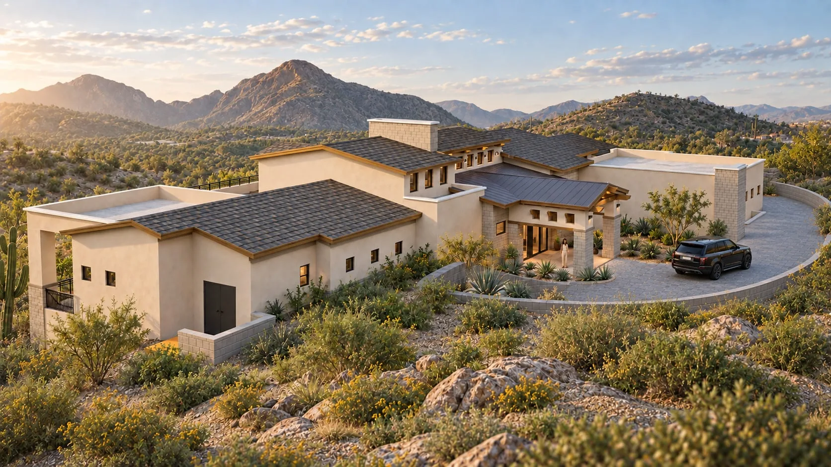 Aerial of the house and its courtyard in the desert landscape