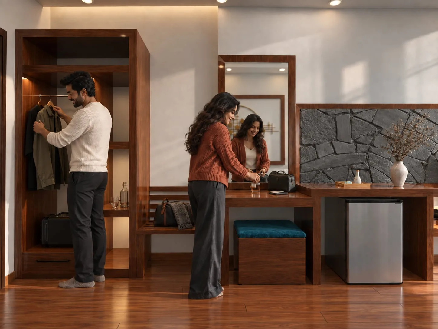 Guests at the wardrobe and dressing table beside the stone wall