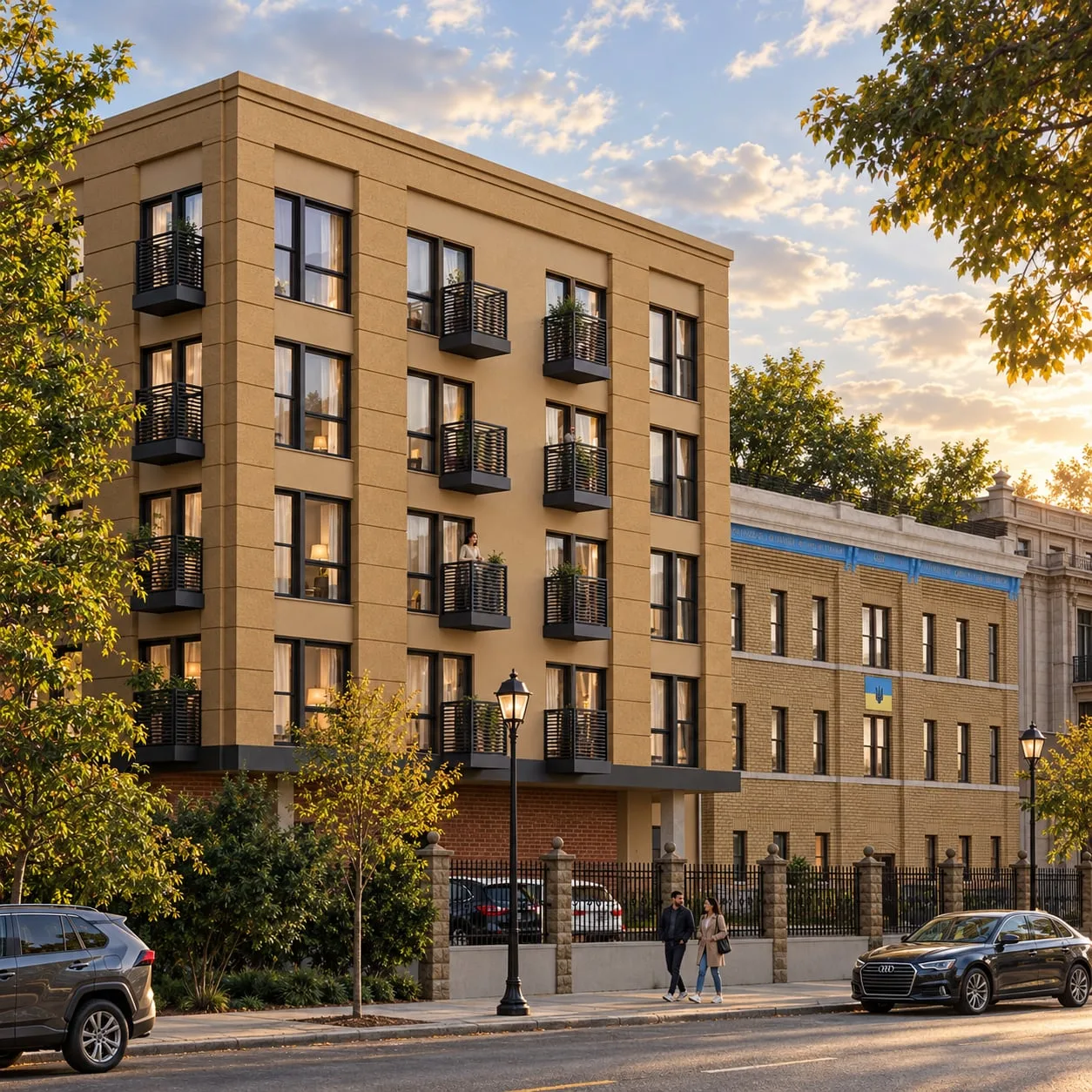 Corner of the building at sunset, balconies stepping along the street