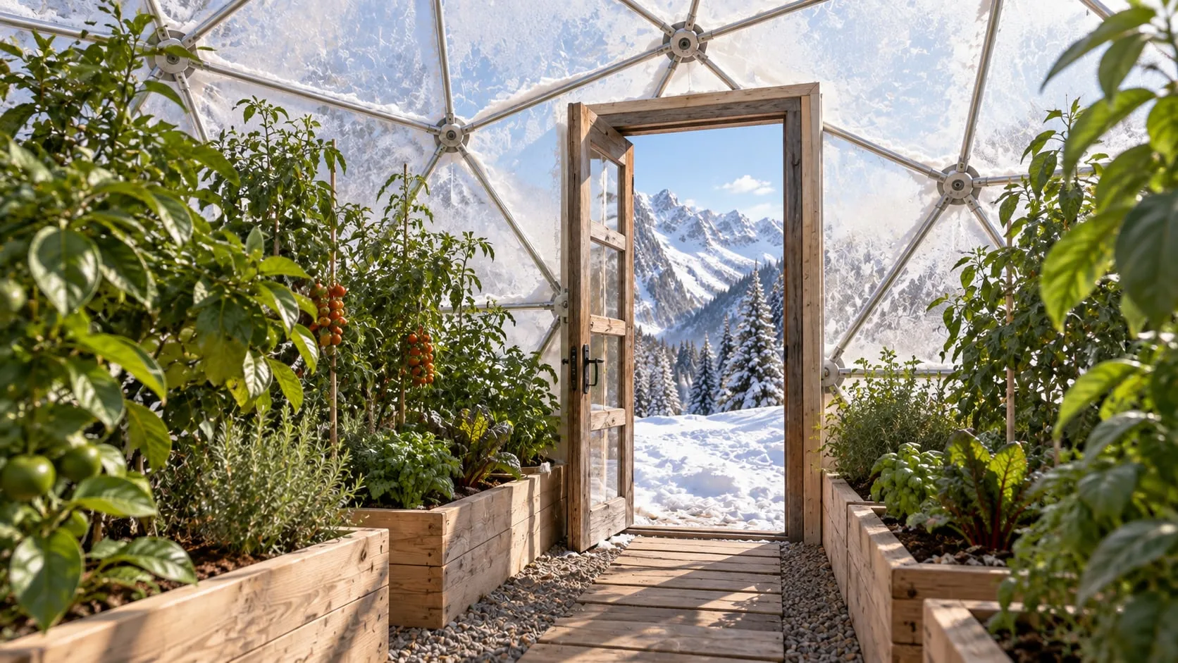 Inside the dome, raised beds of vegetables along a timber path
