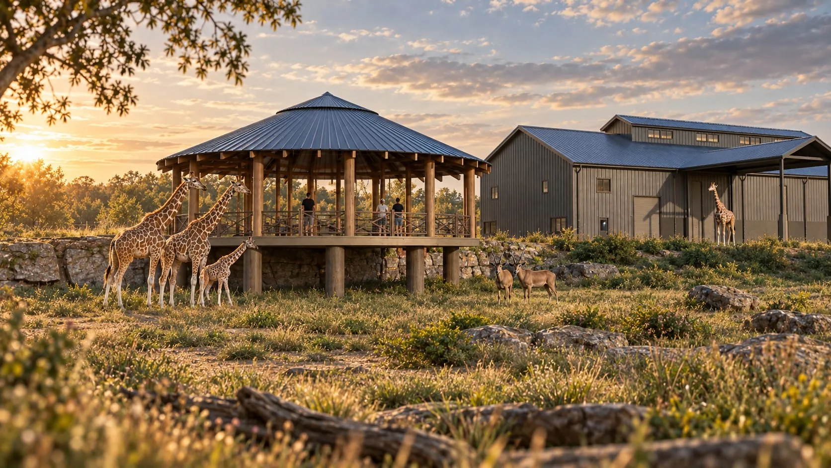 Giraffes at a raised feeding platform beside the barns
