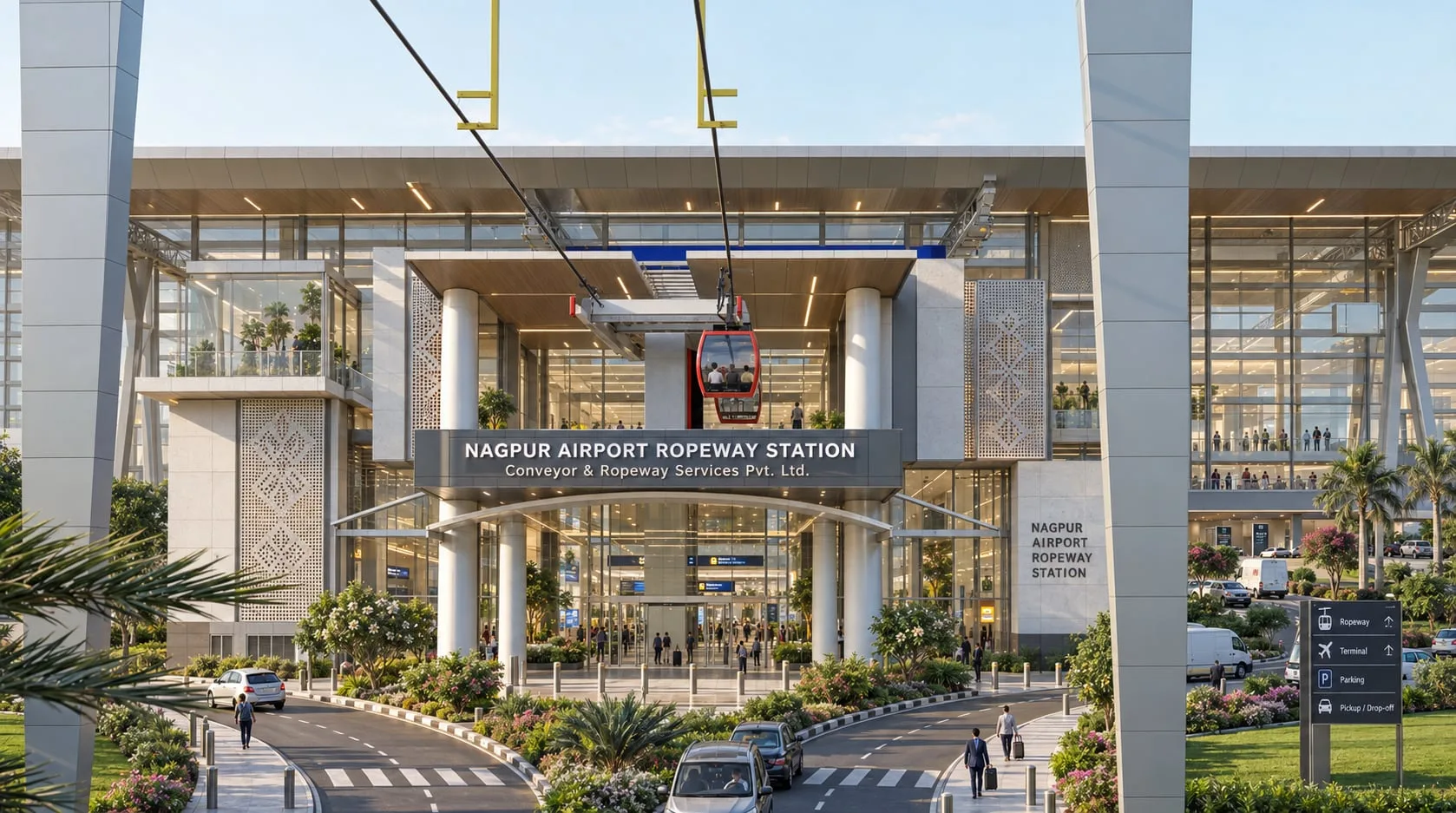 Nagpur Airport Ropeway Station, glazed concourse with a cabin inside