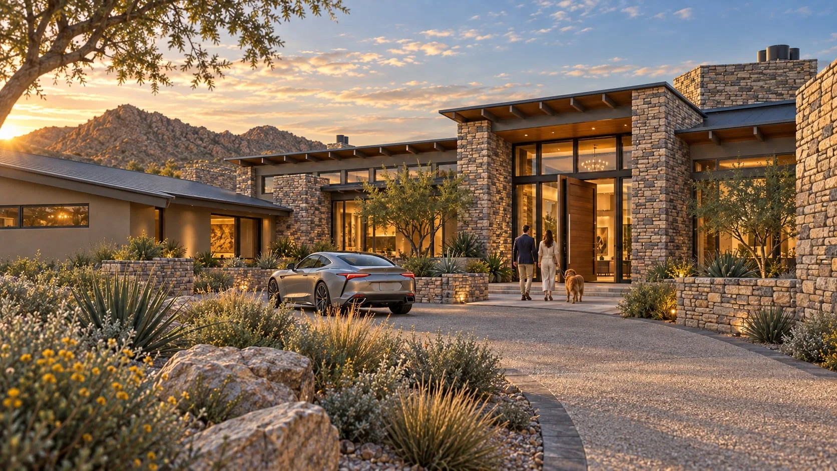 Entrance court with cars on the gravel drive