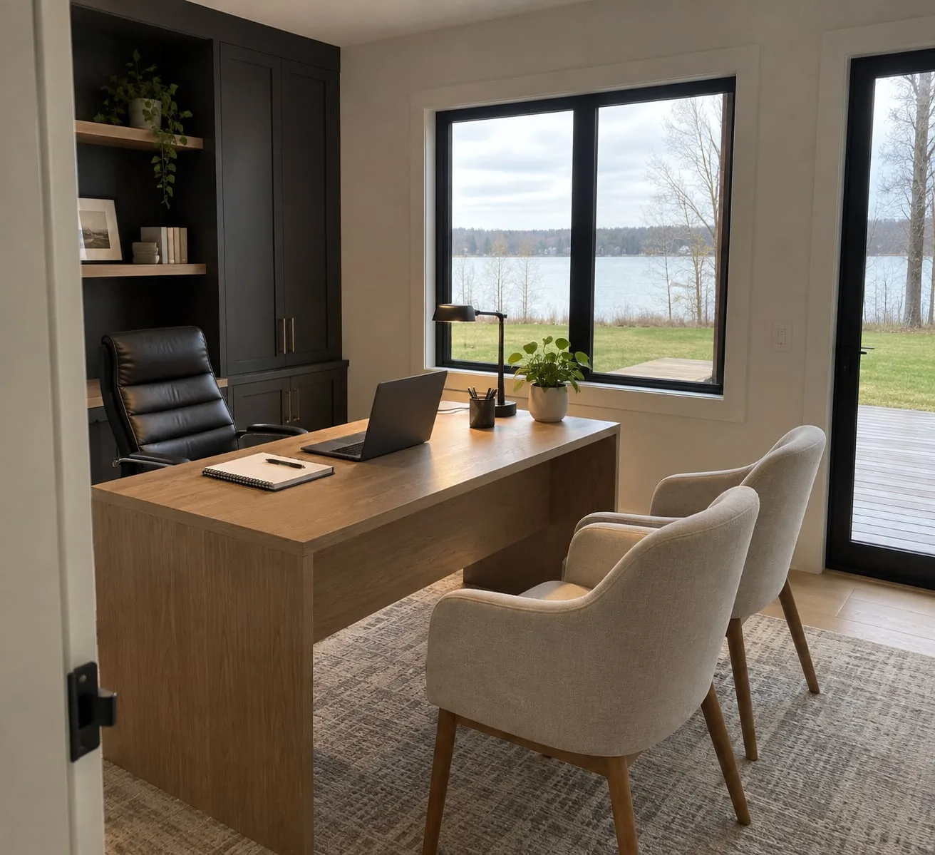 Study with a fitted desk and window onto the water