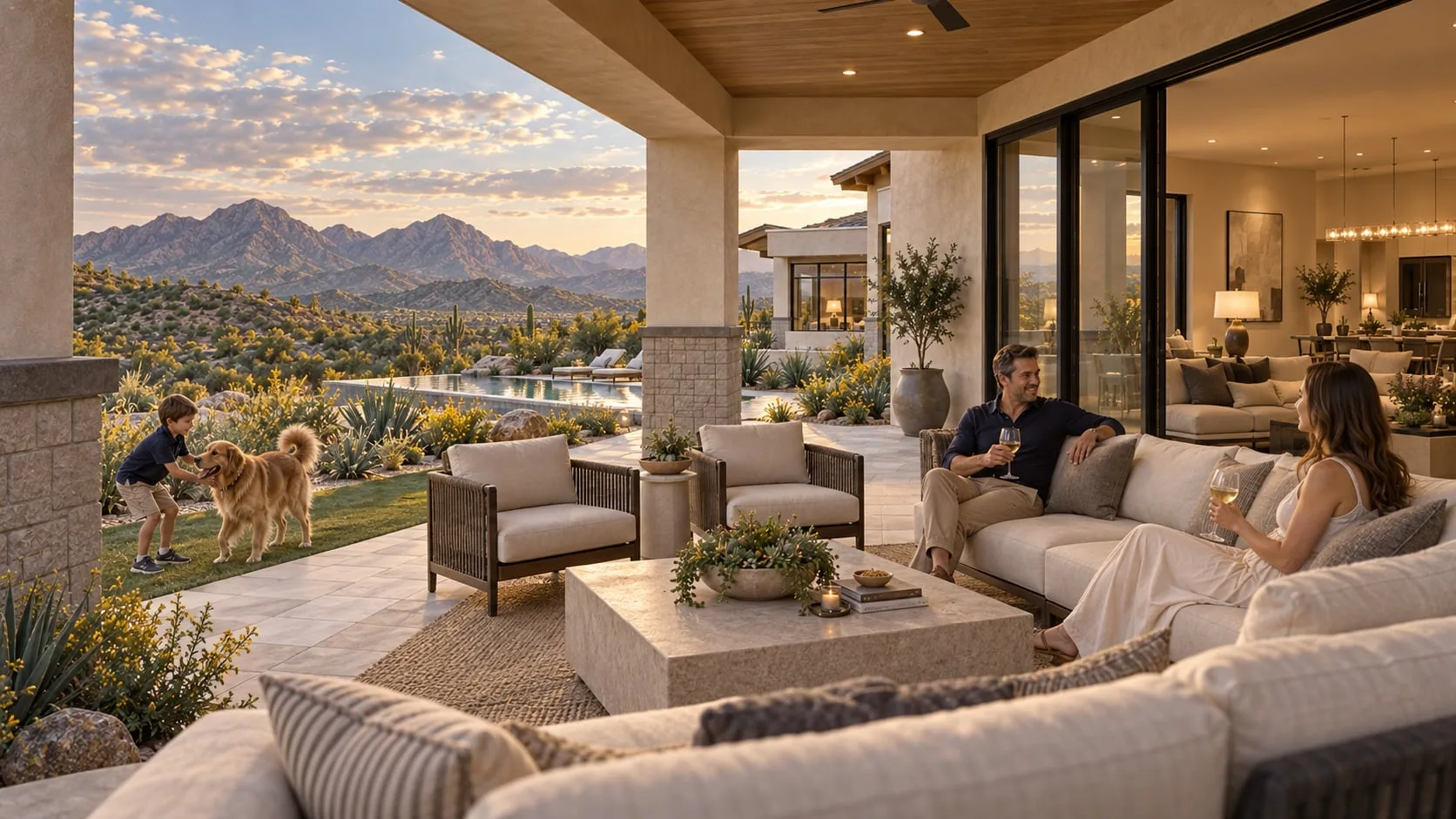 Covered terrace with a sectional sofa, a man seated and a child with a dog