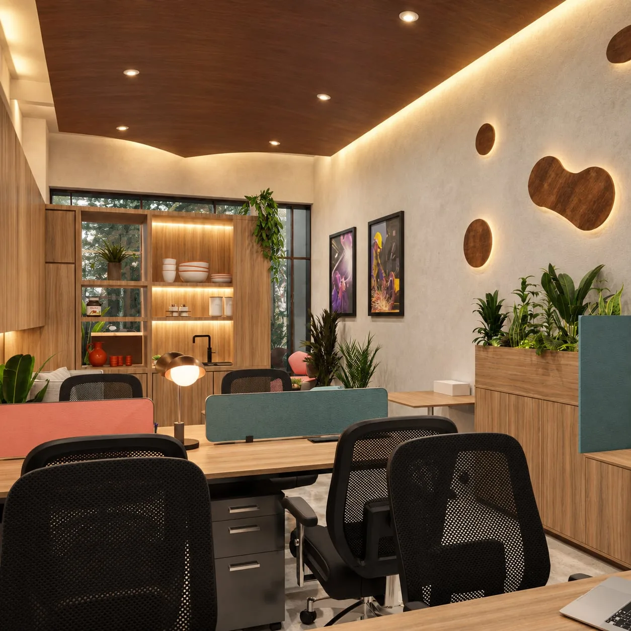 Workstations beside a pink banquette and a planted timber screen